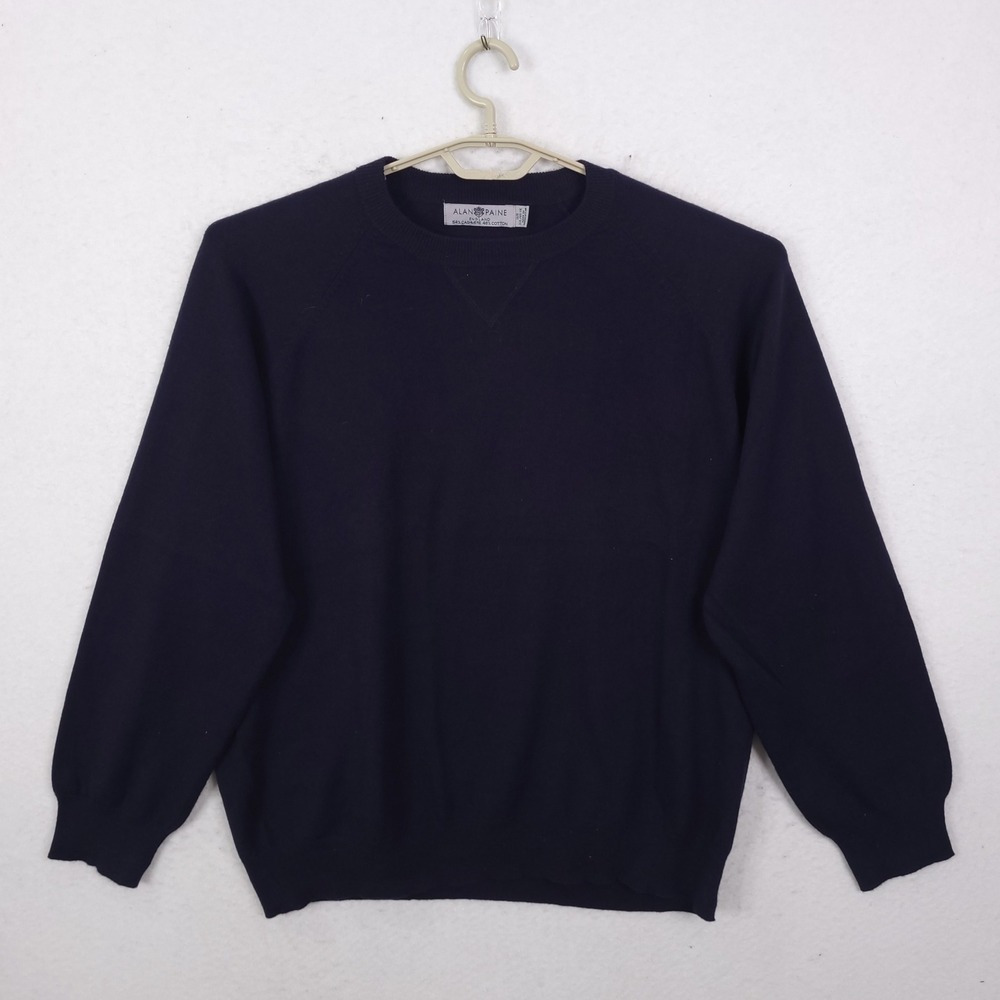 Alan Paine Sweater Mens XXL Navy Blue Cashmere Cotton Blend Elbow Patch Raglan